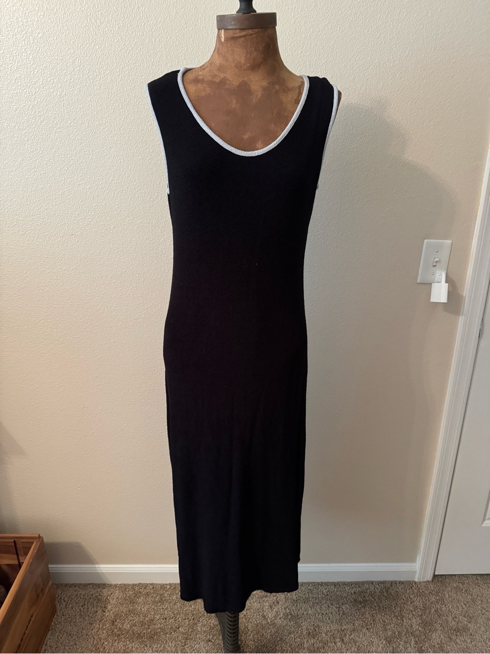 Vintage Sleeveless Black Knit Midi Dress with Contrast Trim and matching jacket
